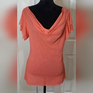 Worthington Woman's Sheer Layered Lace Short Sleeve Blouse Hot Coral Large